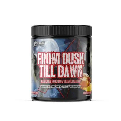 Apollon Nutrition From Dusk Till Dawn V2 supplement container, black with white and red text, supporting deep sleep and recovery.