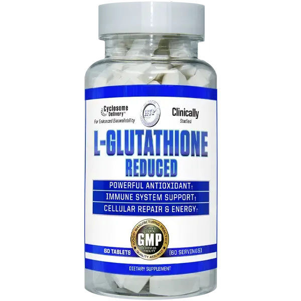 Hi-Tech L-Glutathione Reduced supplement bottle with 80 white tablets, featuring Cyclosome Technology and GMP certification for antioxidant support.