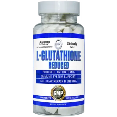 Hi-Tech L-Glutathione Reduced Hi-Tech L-Glutathione Reduced supplement bottle with 80 white tablets, featuring Cyclosome Technology and GMP certification for antioxidant support.