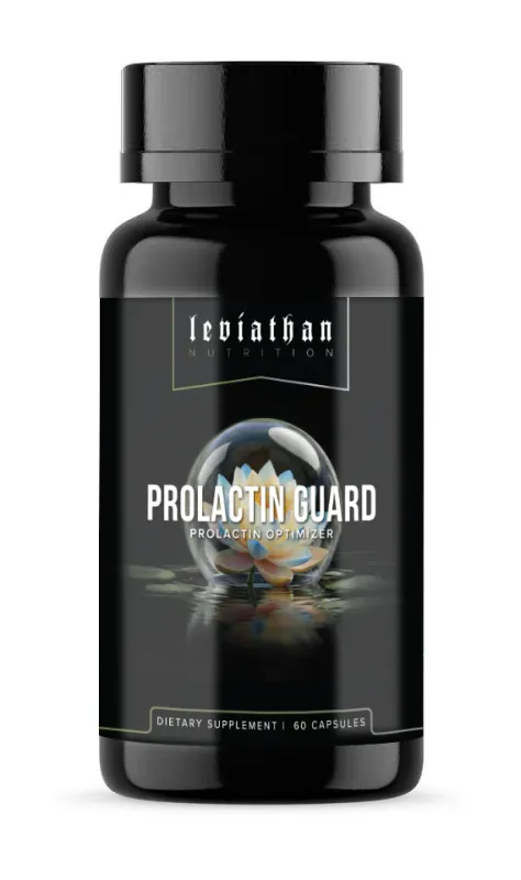 Leviathan Nutrition Prolactin Guard dietary supplement bottle, 60 capsules, black bottle with white and gold text, Prolactin Optimizer label.