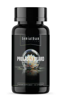 Leviathan Nutrition Prolactin Guard dietary supplement bottle, 60 capsules, black bottle with white and gold text, Prolactin Optimizer label.