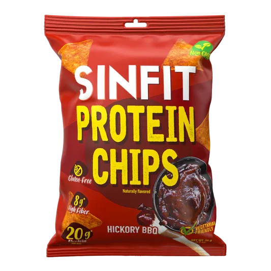 SinFit Protein Chips, Hickory BBQ flavor, red packaging with 20g protein and 8g fiber, gluten-free, naturally sweetened crunchy snack.