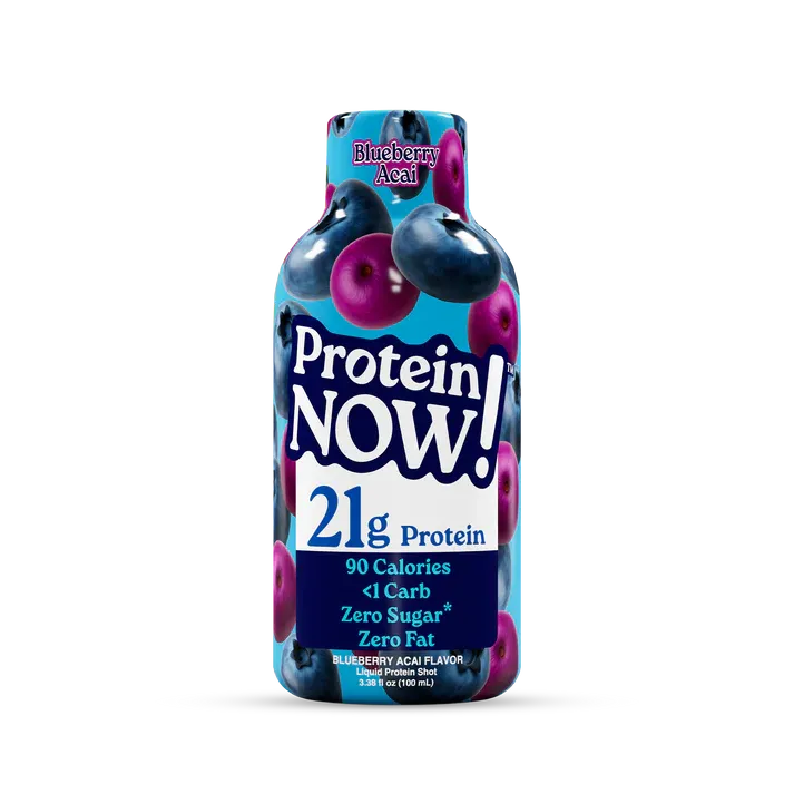 Protein Now! blueberry acai flavor protein shot with 21g protein, 90 calories, and zero sugar.