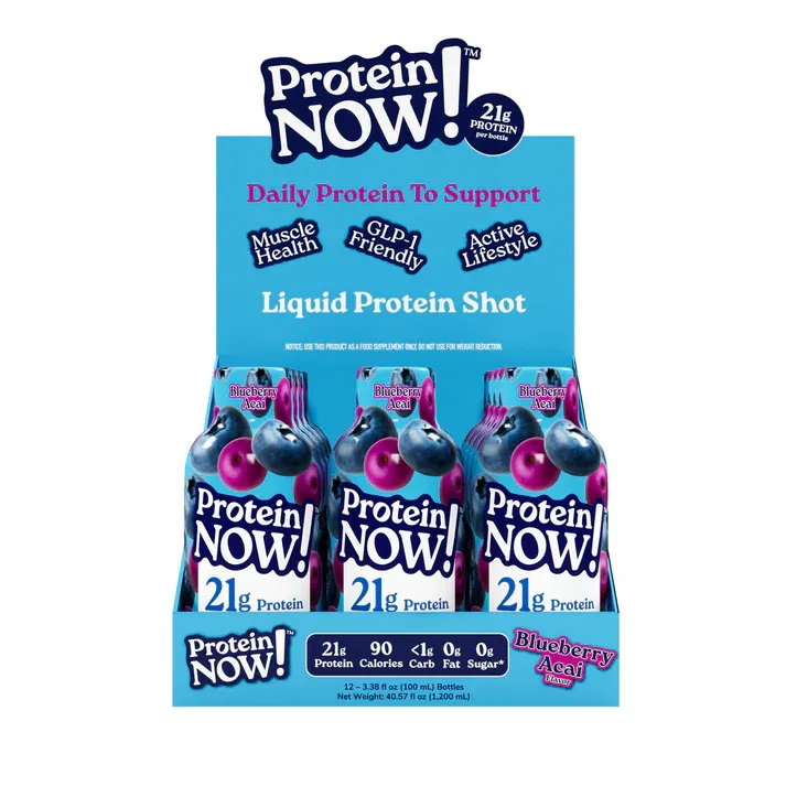 Protein Now Shot, Flavor: Blueberry Acai, Size: Case of 12 Bottles (3.8 fl oz each)