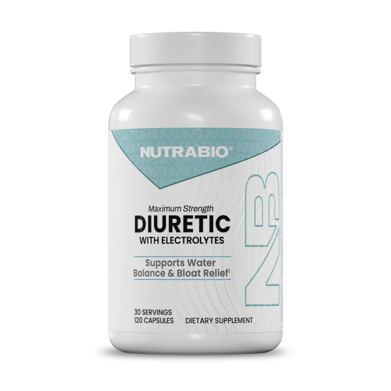 NutraBio Diuretic supplement bottle with electrolytes, 120 capsules, supports water balance and bloat relief.