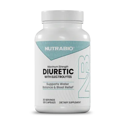 NutraBio Diuretic supplement bottle with electrolytes, 120 capsules, supports water balance and bloat relief.