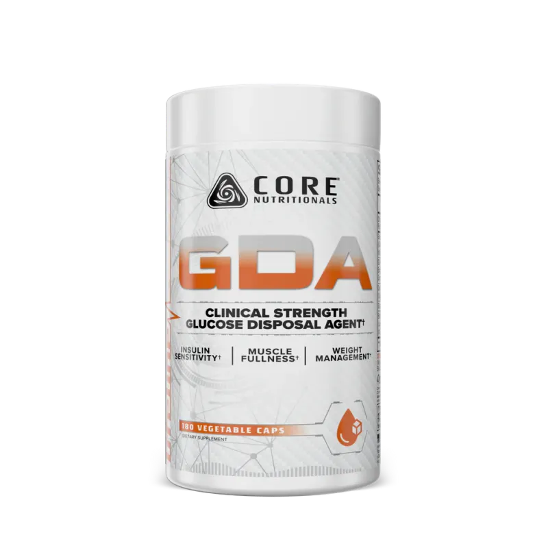 Core Nutritionals GDA Clinical Strength Glucose Disposal Agent supplement bottle 180 vegetable caps white and orange label.