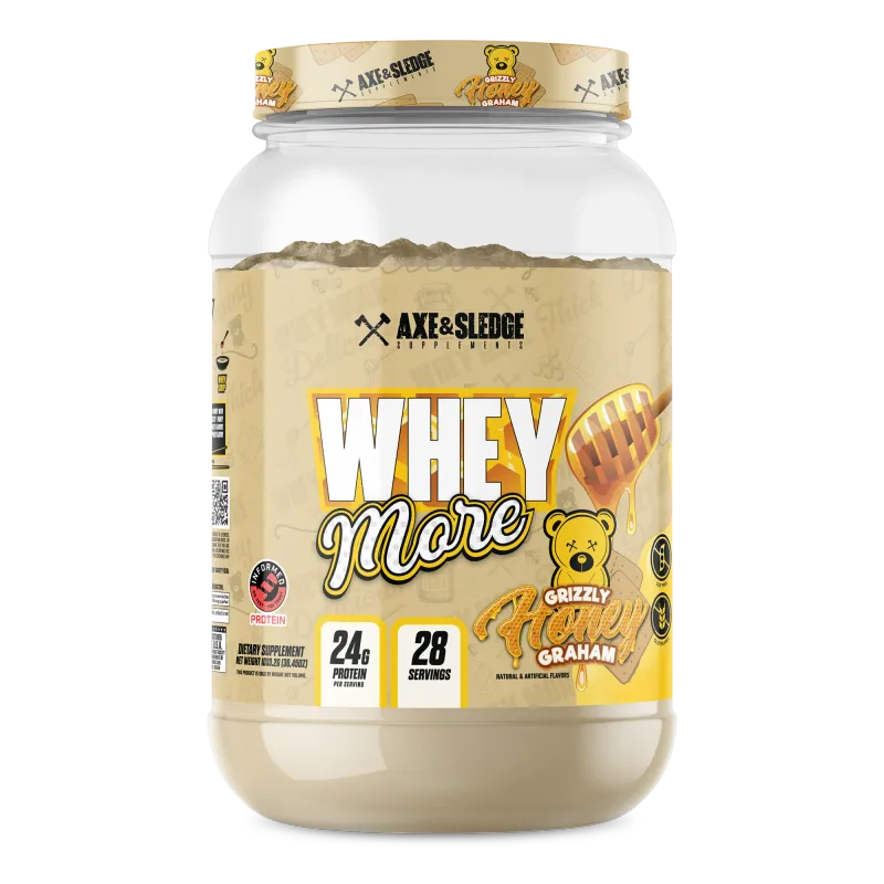 Axe &amp; Sledge Whey More protein powder, Grizzly Honey Graham flavor, 24g protein per serving, 28 servings, clear plastic container.