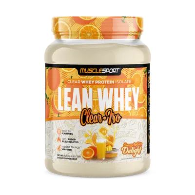 MuscleSport Lean Whey Clear Iso, a clear whey protein isolate supplement, in a cream-colored container with orange flavor label and vibrant design.