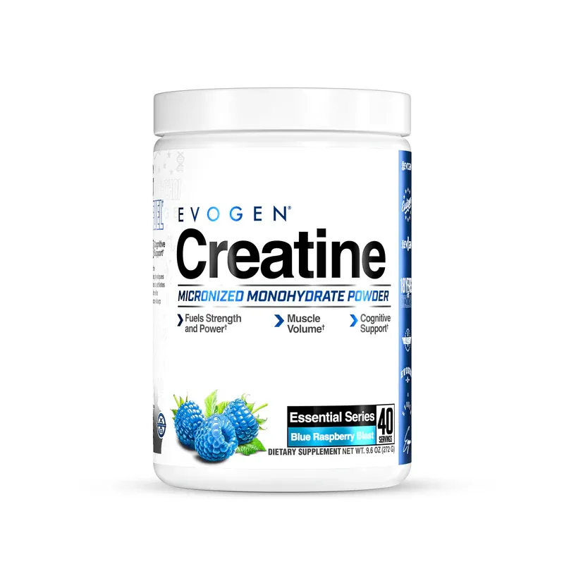 Evogen Creatine Micronized Monohydrate Powder, blue raspberry flavor, white container with blue accents,  Evogen logo, supporting strength, power, and cognitive function.