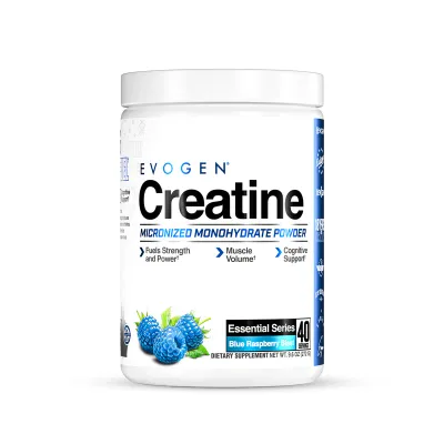 Evogen Creatine Micronized Monohydrate Powder, blue raspberry flavor, white container with blue accents,  Evogen logo, supporting strength, power, and cognitive function.