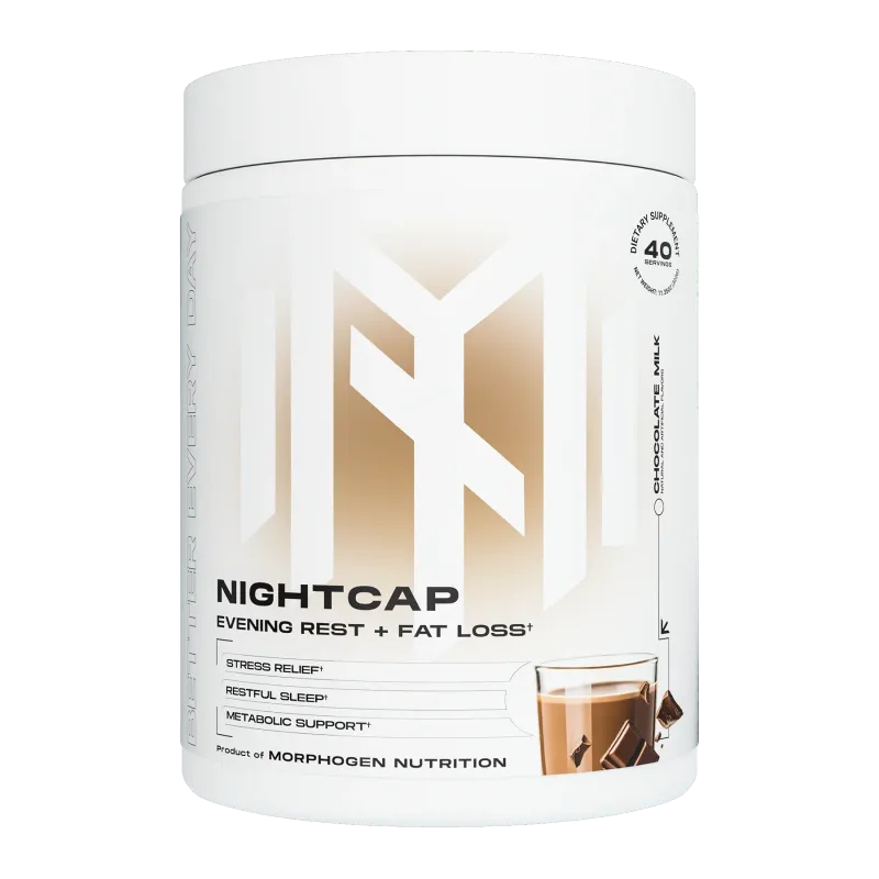 Morphogen Nutrition Nightcap supplement container, white with gold accents, labeled "Evening Rest + Fat Loss" with stress relief and metabolic support claims.