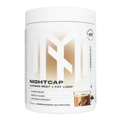 Morphogen Nutrition Nightcap Morphogen Nutrition Nightcap supplement container, white with gold accents, labeled "Evening Rest + Fat Loss" with stress relief and metabolic support claims.