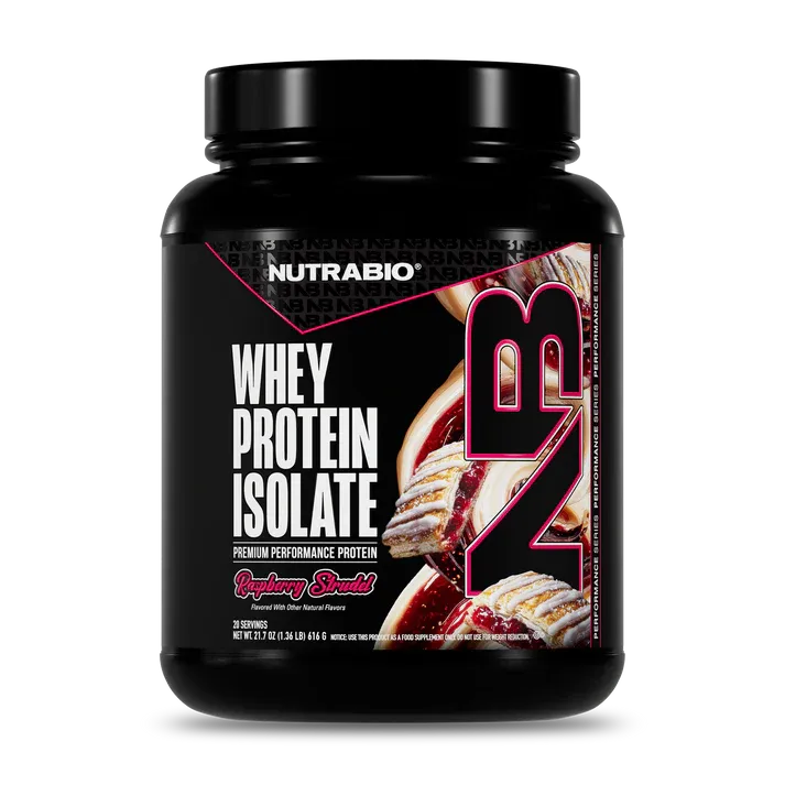 Nutrabio Whey Protein Isolate supplement container, strawberry shortcake flavor, 20 servings, black bottle with pink and white label.