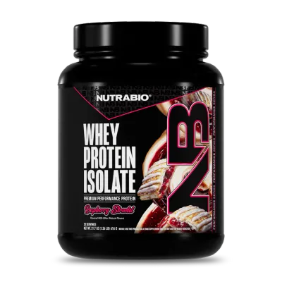NutraBio Whey Protein Isolate 20 Servings Nutrabio Whey Protein Isolate supplement container, strawberry shortcake flavor, 20 servings, black bottle with pink and white label.