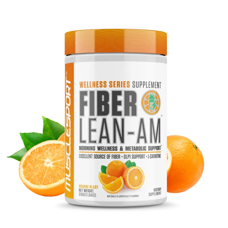 MuscleSport Fiber Lean AM orange blast dietary supplement container with oranges, supporting digestive comfort and gut health with fiber and prebiotics.
