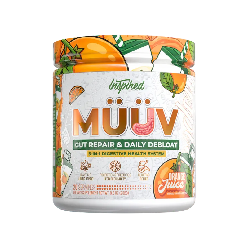 Inspired MÜÜV orange flavor gut health supplement container, 8.2oz, with orange juice flavor and 20 servings of digestive health system.