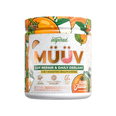 Inspired MÜÜV orange flavor gut health supplement container, 8.2oz, with orange juice flavor and 20 servings of digestive health system.