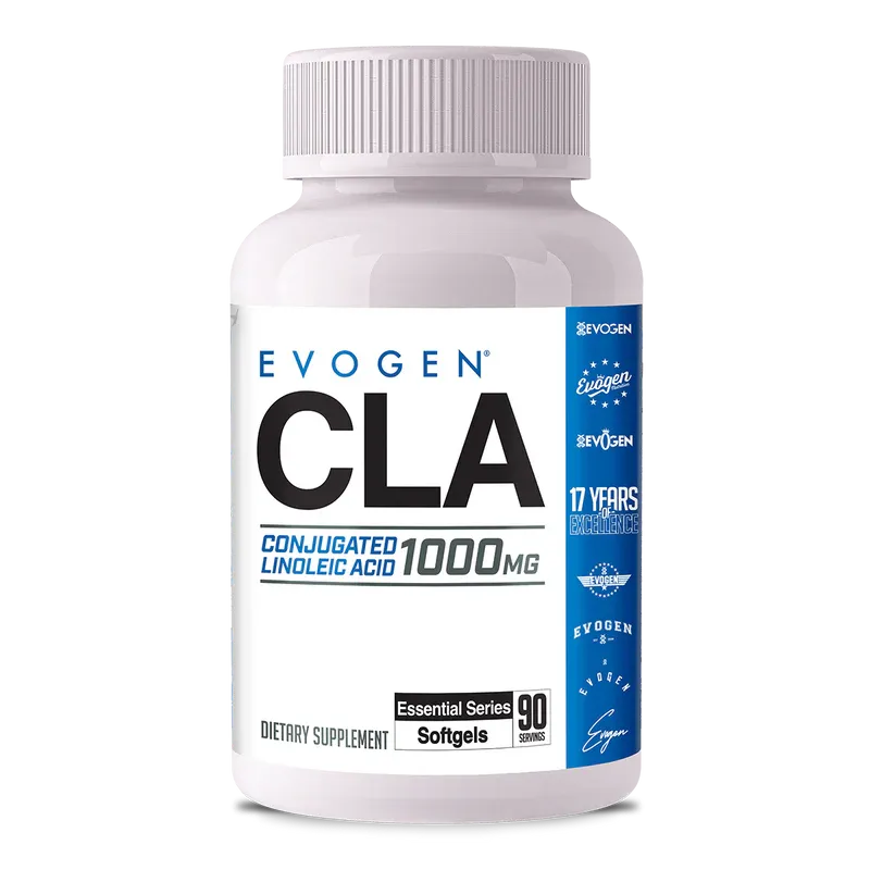 Evogen CLA conjugated linoleic acid 1000mg dietary supplement softgels, 90 count white bottle with blue label.