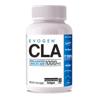 Evogen CLA Evogen CLA conjugated linoleic acid 1000mg dietary supplement softgels, 90 count white bottle with blue label.