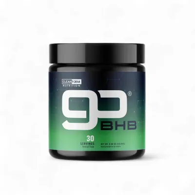 CleanForm Nutrition goBHB supplement, 30 servings, neutral taste, in a black container with a green and blue gradient label.