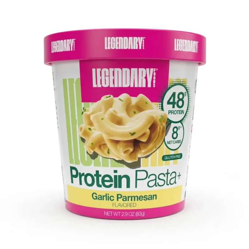 Legendary Foods Protein Pasta Plus Garlic Parmesan, 2.9oz container with 48g protein, 8g net carbs, gluten-free, high-protein pasta.