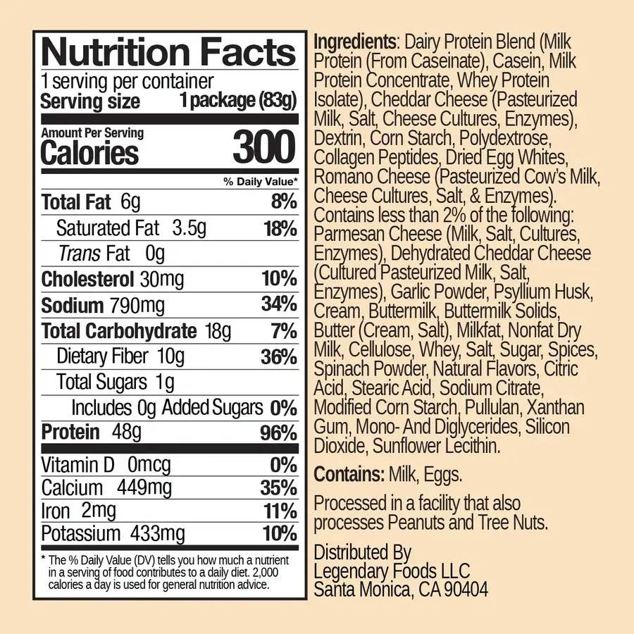 Legendary Foods Protein Pasta Plus Garlic Parmesan nutrition label, 300 calories, 48g protein, 10g fiber, low carb, keto friendly nutrition facts.