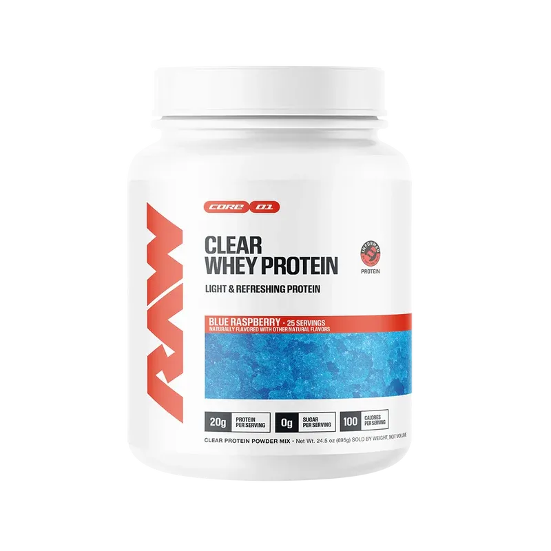 Core Power Clear Whey Protein blue raspberry flavor container with 20g protein, 0g sugar, and 100 calories per serving size.
