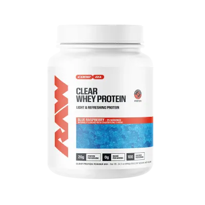 Raw Nutrition Clear Whey Protein Core Power Clear Whey Protein blue raspberry flavor container with 20g protein, 0g sugar, and 100 calories per serving size.