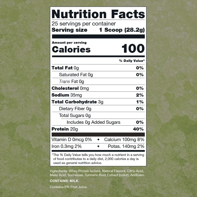 Raw Nutrition Clear Whey Protein nutrition label, 1 scoop serving size, 100 calories, 20g protein, 0g fat, 3g total carbohydrate.