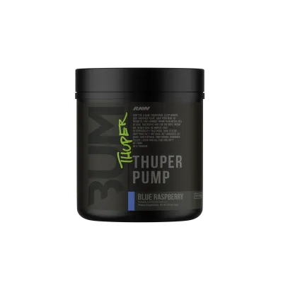 Raw Nutrition CBUM Thuper Pump pre-workout supplement, blue raspberry flavor, black container, CBUM Series, Thuper Pump label, green and grey text.