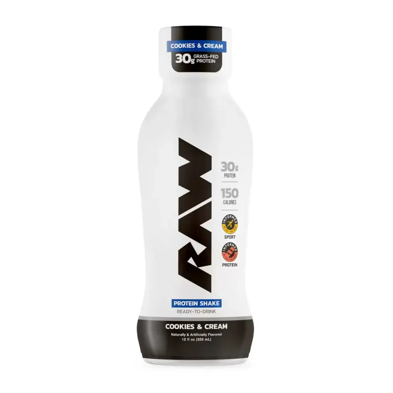 Raw Nutrition Protein RTD, 30g grass-fed isolate shake, cookies and cream flavor, ready-to-drink protein shake bottle.