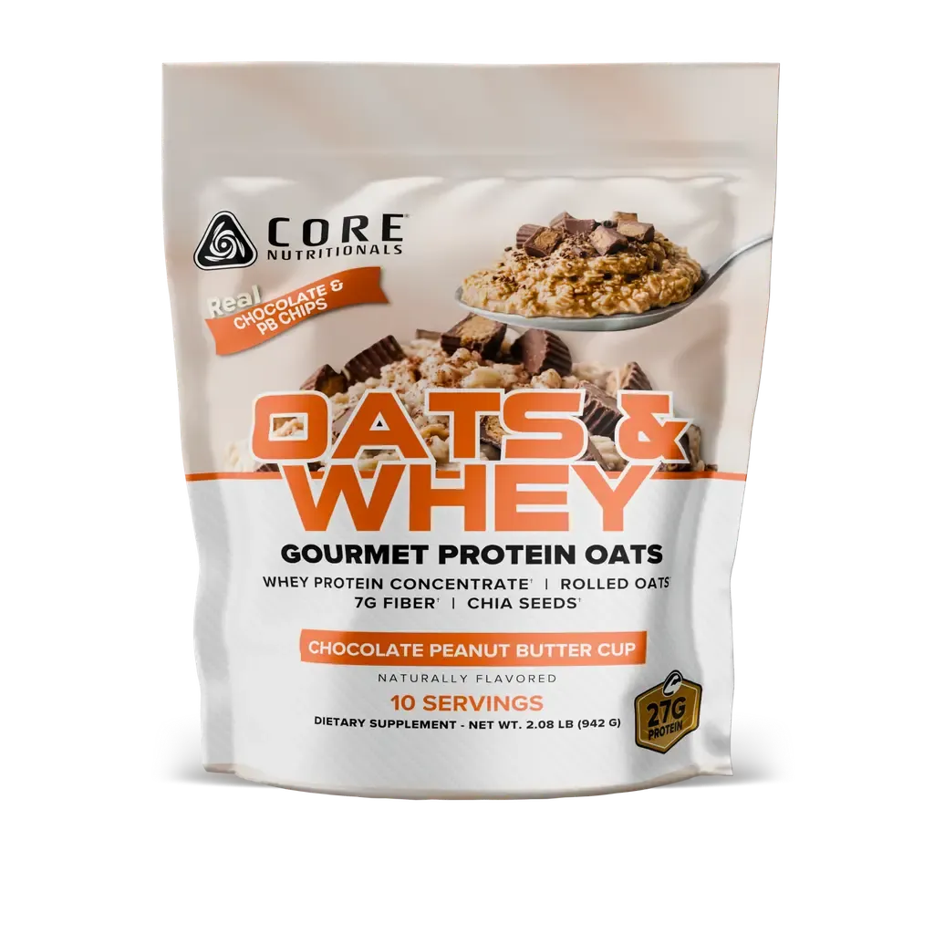 Core Nutritionals Oats &amp; Whey, Chocolate Peanut Butter Cup, gourmet protein oats with whey protein, rolled oats, and peanut butter flavor.