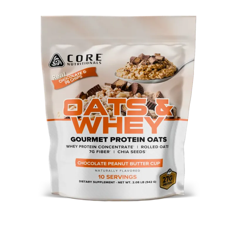 Core Nutritionals Oats &amp; Whey, Chocolate Peanut Butter Cup, gourmet protein oats with whey protein, rolled oats, and peanut butter flavor.