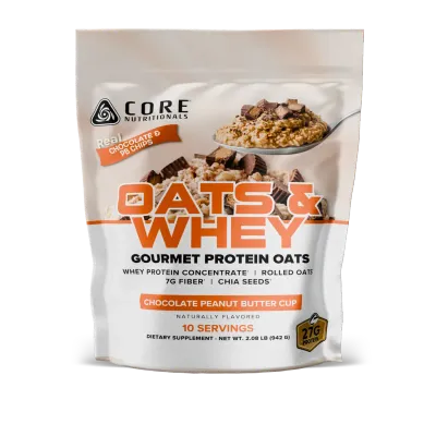 Core Nutritionals Oats & Whey Core Nutritionals Oats & Whey, Chocolate Peanut Butter Cup, gourmet protein oats with whey protein, rolled oats, and peanut butter flavor.