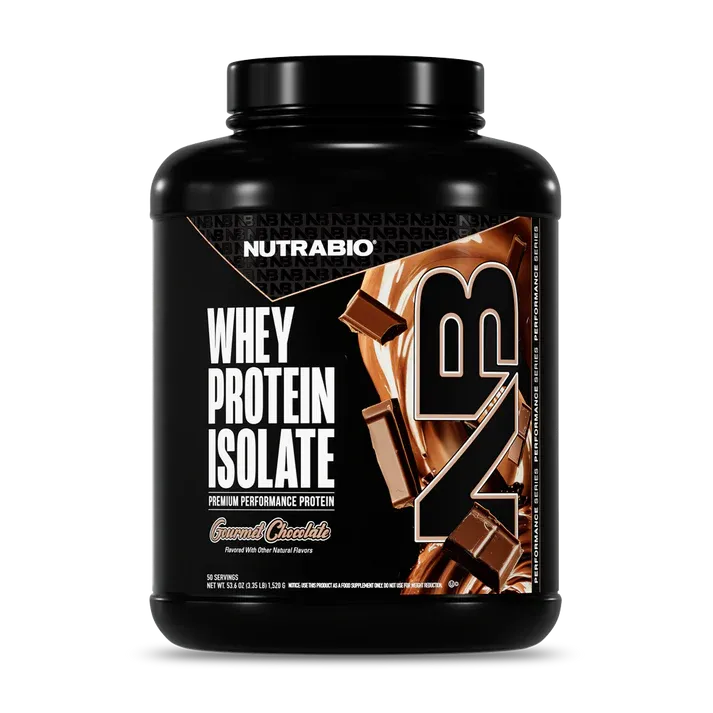 NutraBio Whey Protein Isolate, 50 servings, in a black container with caramel chocolate flavor label and white and gold text.
