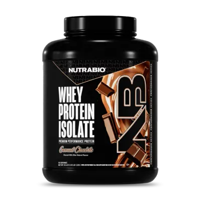 NutraBio Whey Protein Isolate, 50 servings, in a black container with caramel chocolate flavor label and white and gold text.