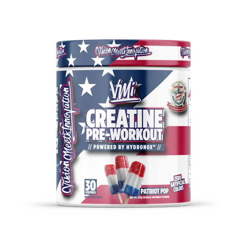 VMI Sports Creatine Pre-Workout supplement container, Patriot Pop flavor, 30 servings, with creatine monohydrate and HydroNox support for strength and energy.