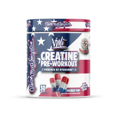 VMI Sports Creatine Pre-Workout supplement container, Patriot Pop flavor, 30 servings, with creatine monohydrate and HydroNox support for strength and energy.