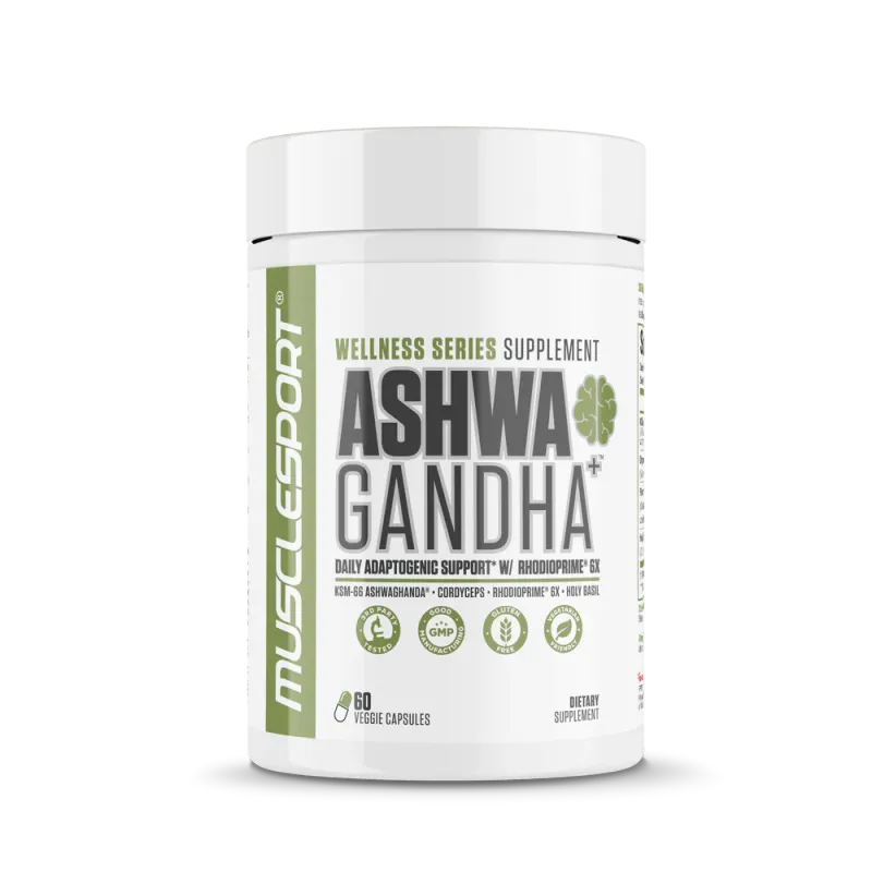 MuscleSport Ashwagandha+ supplement container, white with green accents, featuring KSM-66 Ashwagandha for daily adaptogenic support.