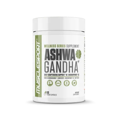 MuscleSport Ashwagandha+ supplement container, white with green accents, featuring KSM-66 Ashwagandha for daily adaptogenic support.