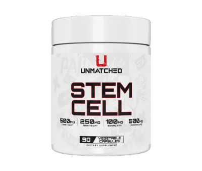Unmatched Supps Stem Cell Unmatched Supps Stem Cell supplement container, 90 vegetable capsules, featuring key ingredients for cellular repair and longevity support.