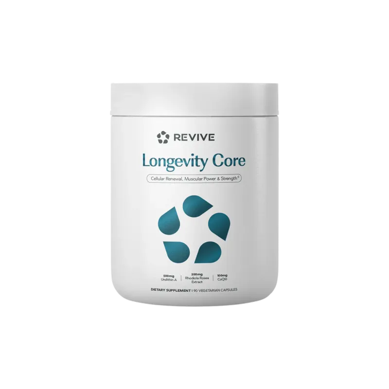 Revive Longevity Core dietary supplement, white container, 90 vegetarian capsules, featuring Urolithin A, Rhodiola rosea, and CoQ10 for cellular health support.