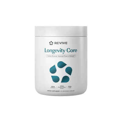 Revive Longevity Core dietary supplement, white container, 90 vegetarian capsules, featuring Urolithin A, Rhodiola rosea, and CoQ10 for cellular health support.