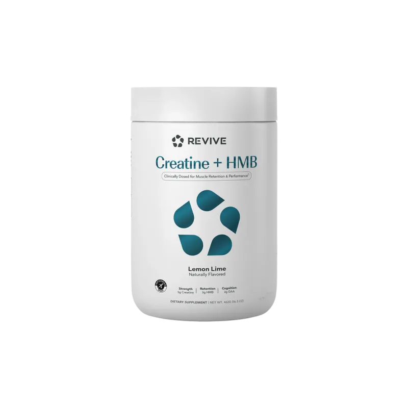 Revive Creatine + HMB, Lemon Lime flavor, white container with teal accents, dietary supplement for strength and muscle retention.