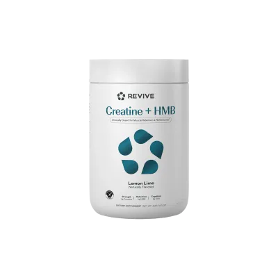 Revive Creatine + HMB Revive Creatine + HMB, Lemon Lime flavor, white container with teal accents, dietary supplement for strength and muscle retention.