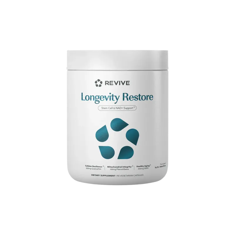 Revive Longevity Restore supplement container, white with teal logo and text, 90 vegetarian capsules, supporting NAD+ and cellular vitality.