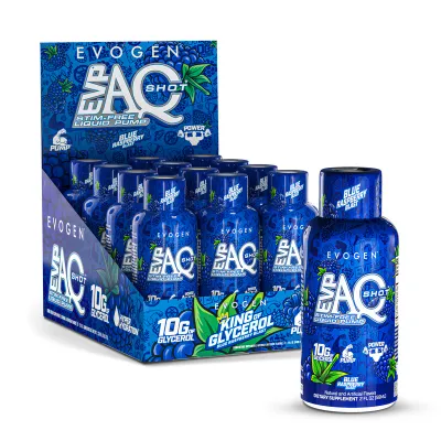 Evogen EVP AQ Stim Free Liquid Pump Shot, blue bottles with white and green labels, 10g glycerol, S7 supplement, blueberry flavor.