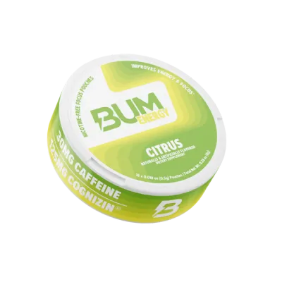 Bum Energy Pouches, Citrus flavor, 20mg caffeine, 12.5mg Cognizin, portable energy and focus support supplement.