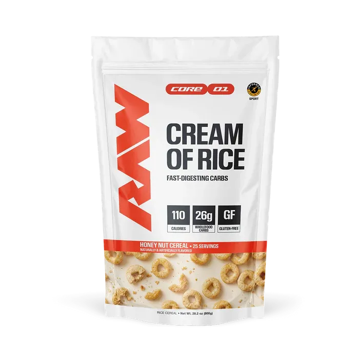 Raw Nutrition Cream of Rice, clean carb fuel in a white and orange packaging with 26g of easy-to-digest carbohydrates.